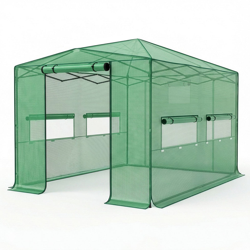 8*12ft Plastic Sprayed Iron Pipe PE Mesh Foldable Greenhouse Shed Green