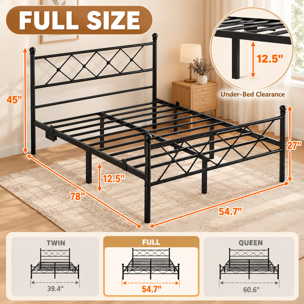 82.7"54" Full Metal Platform Bed Frame, X-Design Headboard & Footboard with LED Lights, USB & Type-C Charging, Heavy-Duty Steel Slats, 12.5" Under-Bed Storage, Black