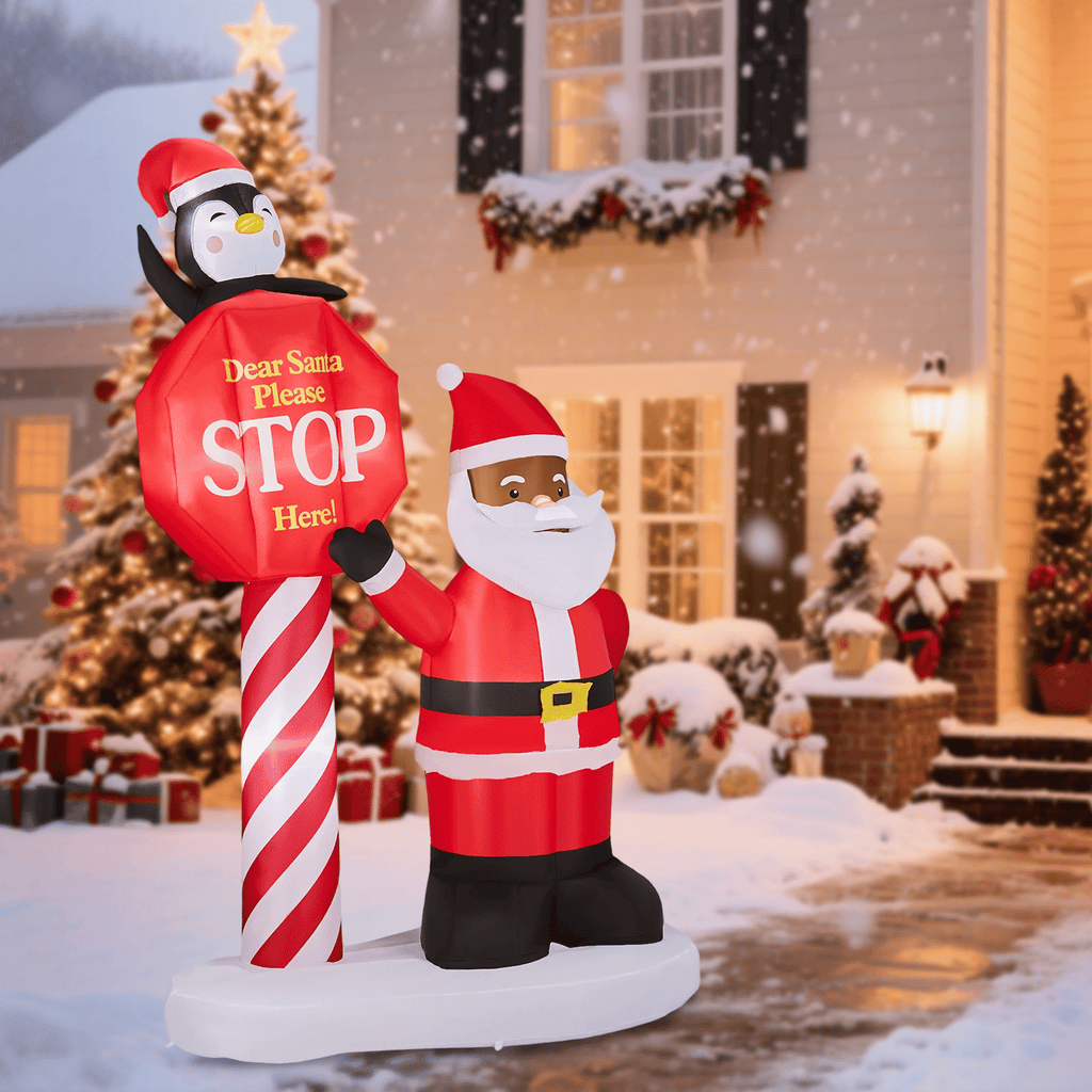 8.2FT Lighted Christmas Inflatable Decoration, Inflatable Black Santa & Road Sign, Funny Blow Up Yard Decorations with Built-in LED Lights for Holiday Party Front Yard Lawn Garden Decor