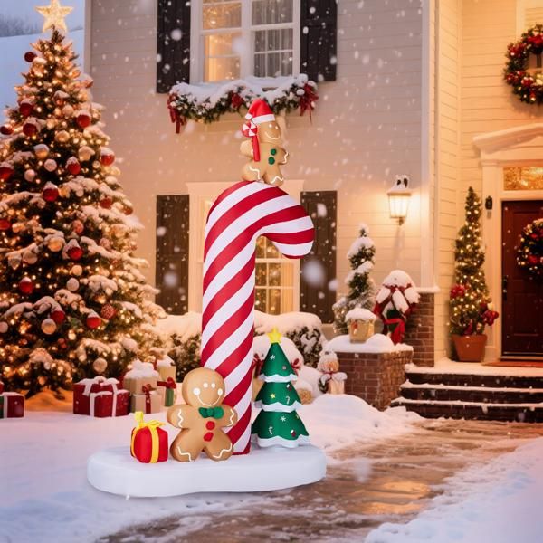 8.2FT Lighted Christmas Inflatable Decoration, Inflatable Giant Candy Cane with Gingerbread Men, Funny Blow Up Yard Decorations with Built-in LED Lights for Holiday Party Front Yard Lawn Garden Decor