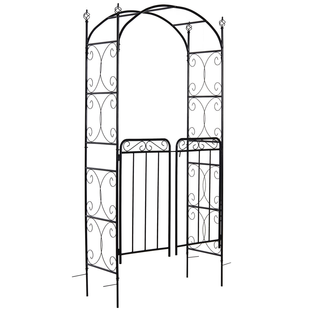 84" Garden Arch Arbor with Gate, Metal Arch Trellis, Garden Archway for Climbing Vines, Wedding Ceremony Decoration, Flourishes & Arrow Tips, Black