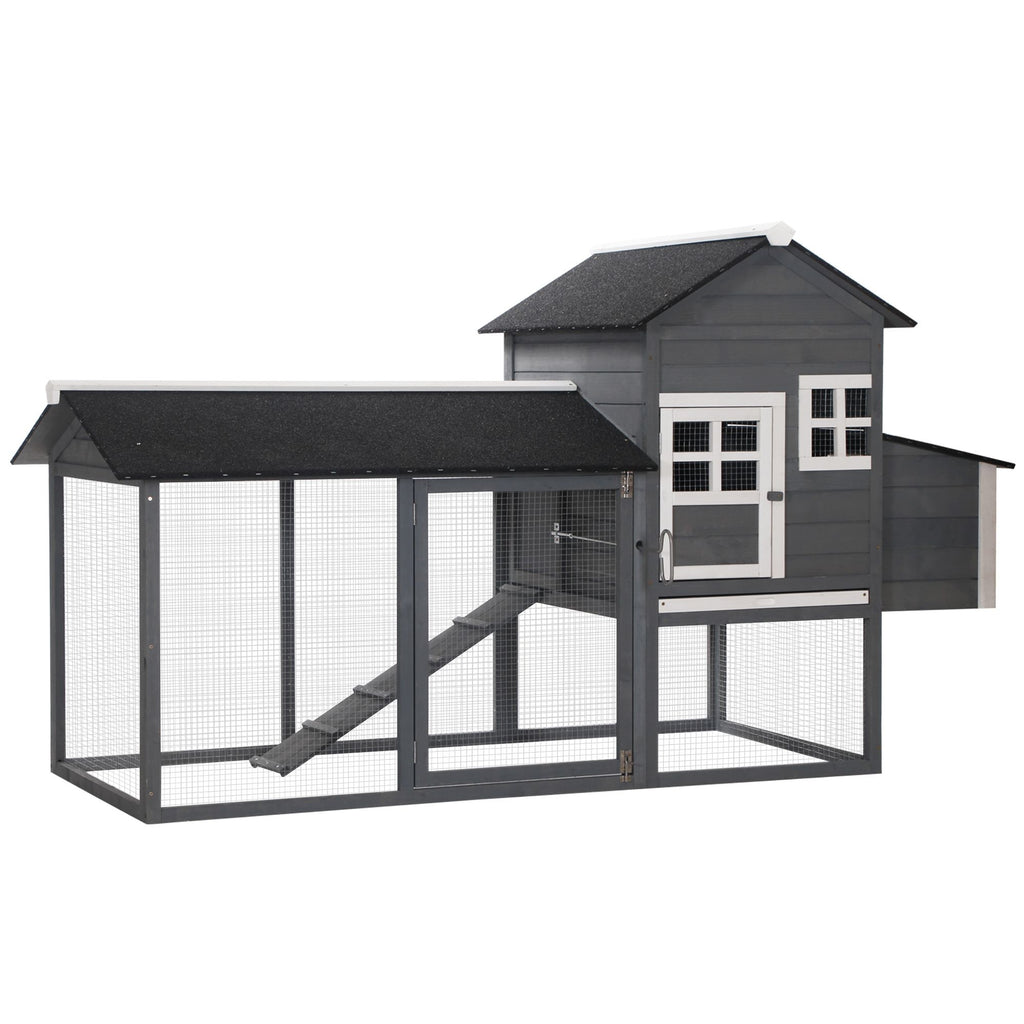 84" Wooden Chicken Coop, Chicken House Poultry Hen Cage with Covered Big Run, Nesting Box, and Perches, Gray