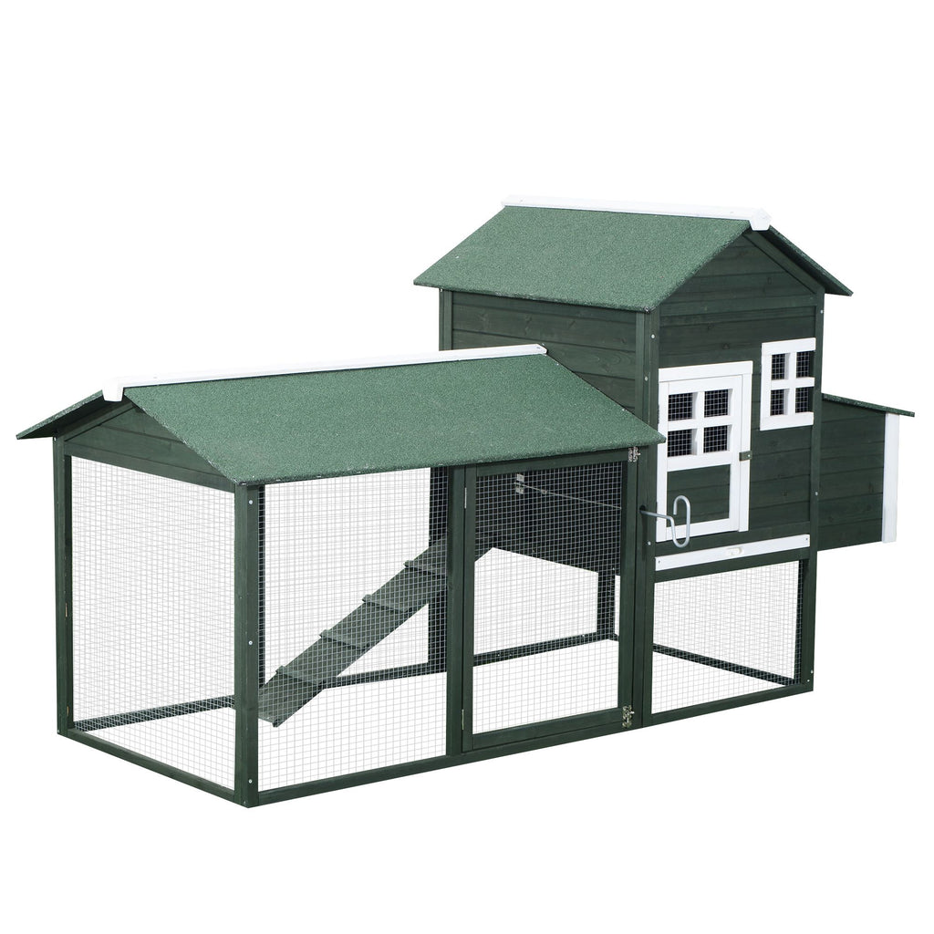 84" Wooden Chicken House, Chicken Coop Poultry Hen Cage with Covered Big Run, Nesting Box, and Perches, Green