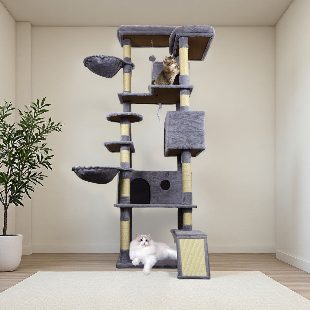 84.6 in Dark Gray Cat Tree Tower with Wide Base, 3 Large Hinding Condo, 11 Sisal Scratching Post, Sisal Scratching Ladder, 2 Hammocks, Large Top Platform, Many landing Perch and Interactive toy