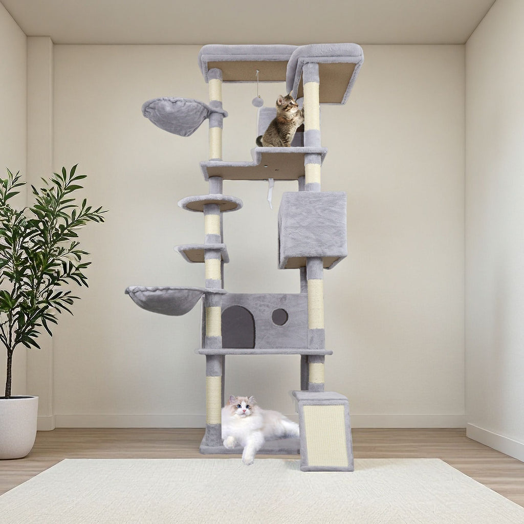 84.6 in Light Gray Cat Tree Tower with Wide Base, 3 Large Hinding Condo, 11 Sisal Scratching Post, Sisal Scratching Ladder, 2 Hammocks, Large Top Platform, Many landing Perch and Interactive toy