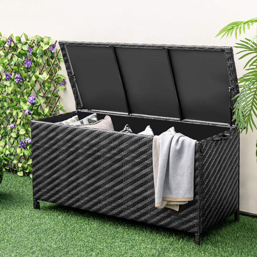85 Gallon Outdoor Storage Box with Removable Liner and Universal Wheels