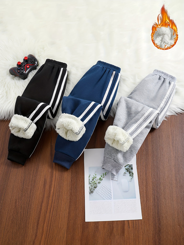 3-Piece Set: Boys Stylish Side-Striped Long Pants - Soft, Comfortable & Durable for Spring & Autumn - Elastic Waistband, Perfect for Outdoor Play and Everyday Wear