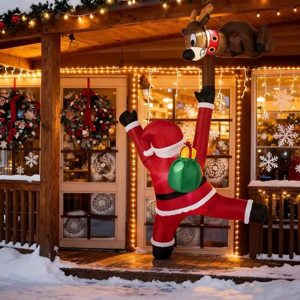 8.5ft Inflatable Climbing Santa with Reindeer - Built-in LED Lights Weather-Resistant Polyester Xmas Decor