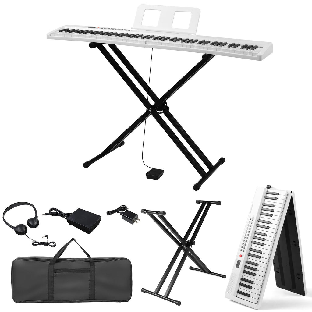 88 Key Folding Piano Semi-Weighted Standard Keyboards Digital Piano with Dual-tube X-Shape Stand, MIDI Bluetooth, Handbag, Headphone, for Piano Lover White color