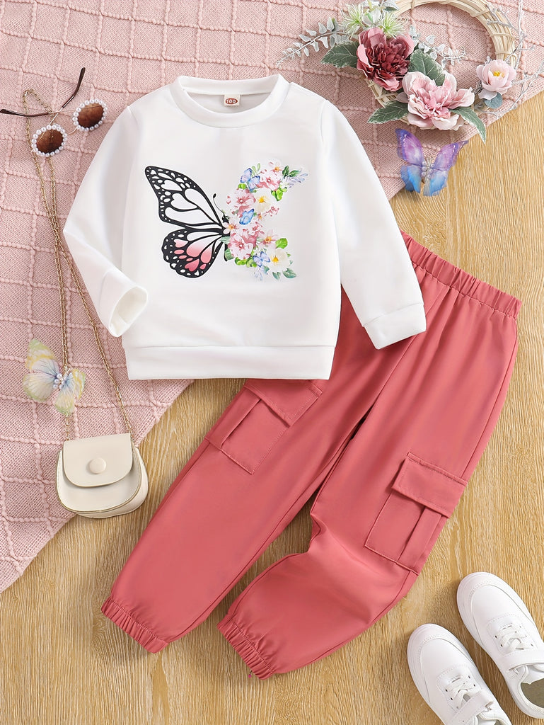 2pc Girls Trendy Outfits, Sweat Shirt + Jogger Pants, Butterfly Flower Graphic Sets For Spring Fall Sports