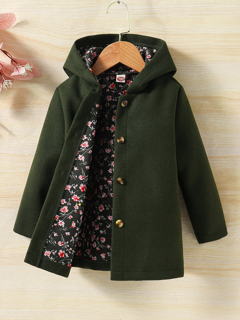 Baby Girls Toddler Girls Casual & Elegant Hooded Coat Floral Print Button Design Hoodies For Autumn And Winter