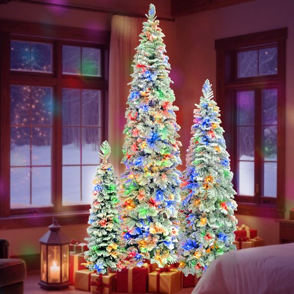8FT, 6FT, 4FT Pre-Lit Pencil Christmas Trees, Set of 3 Flocked Fir Slim Christmas Trees, Xmas Holiday Decoration Tree, 1370 PE Branch Tips, 290 LED Lights with 11 Lighting Modes