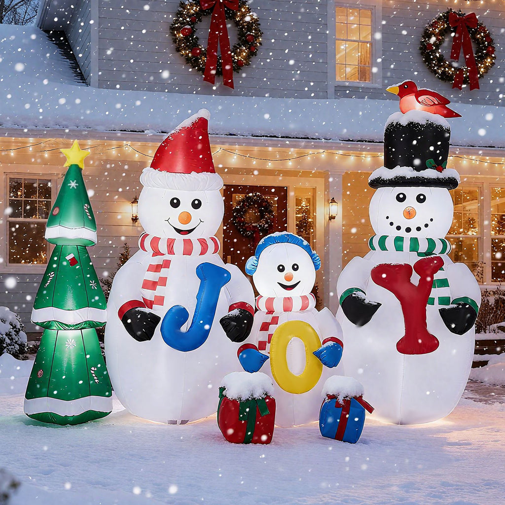 8FT Lighted Christmas Inflatable Decoration, Inflatable Snowman Family with JOY and Xmas Tree, Funny Blow Up Yard Decorations with Built-in LED Lights for Holiday Party Front Yard Lawn Garden Decor
