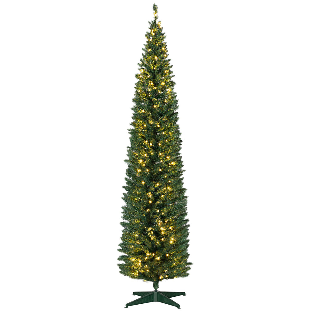 8ft Pencil Christmas Tree, Slim Artificial Christmas Tree with Realistic Branches and Warm White LED Lights, Green