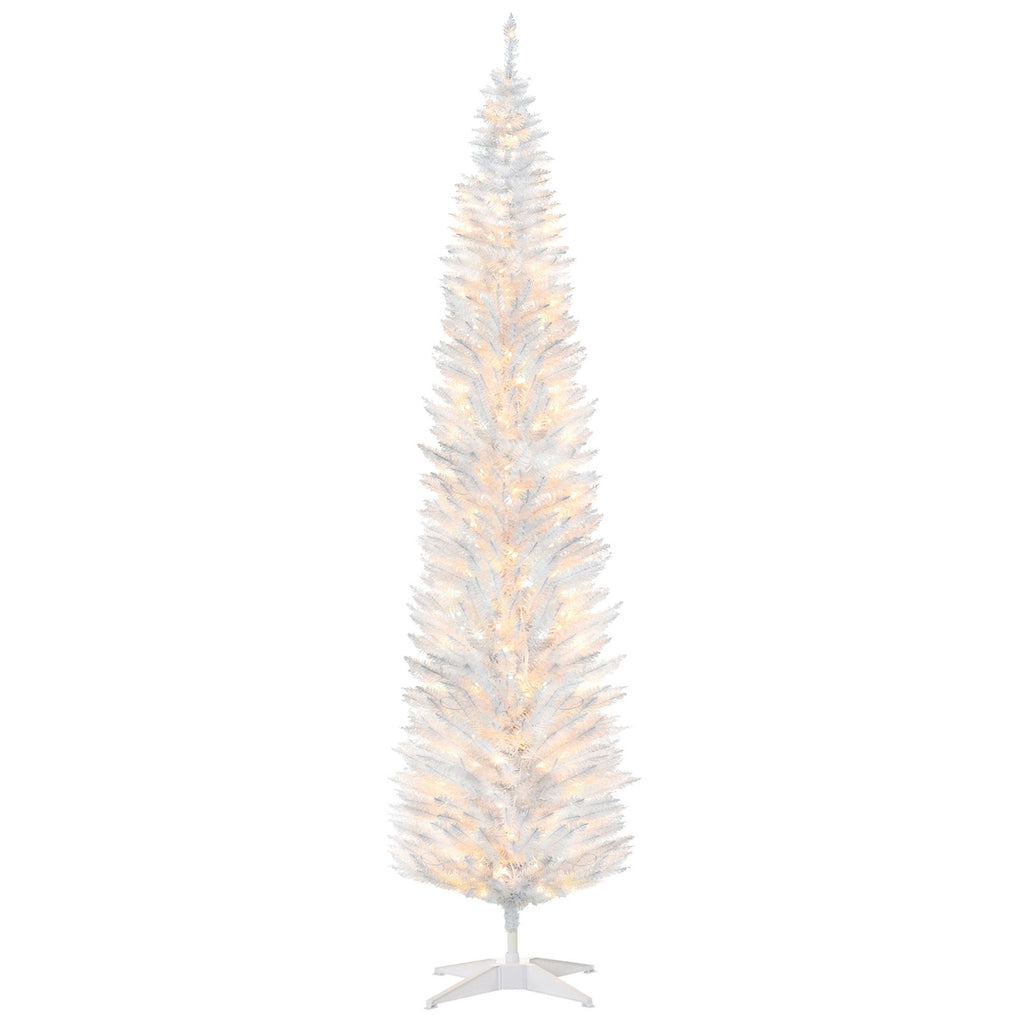 8ft Pencil Christmas Tree, Slim PreLit Christmas Tree with Realistic Branches and Warm White LED Lights, White
