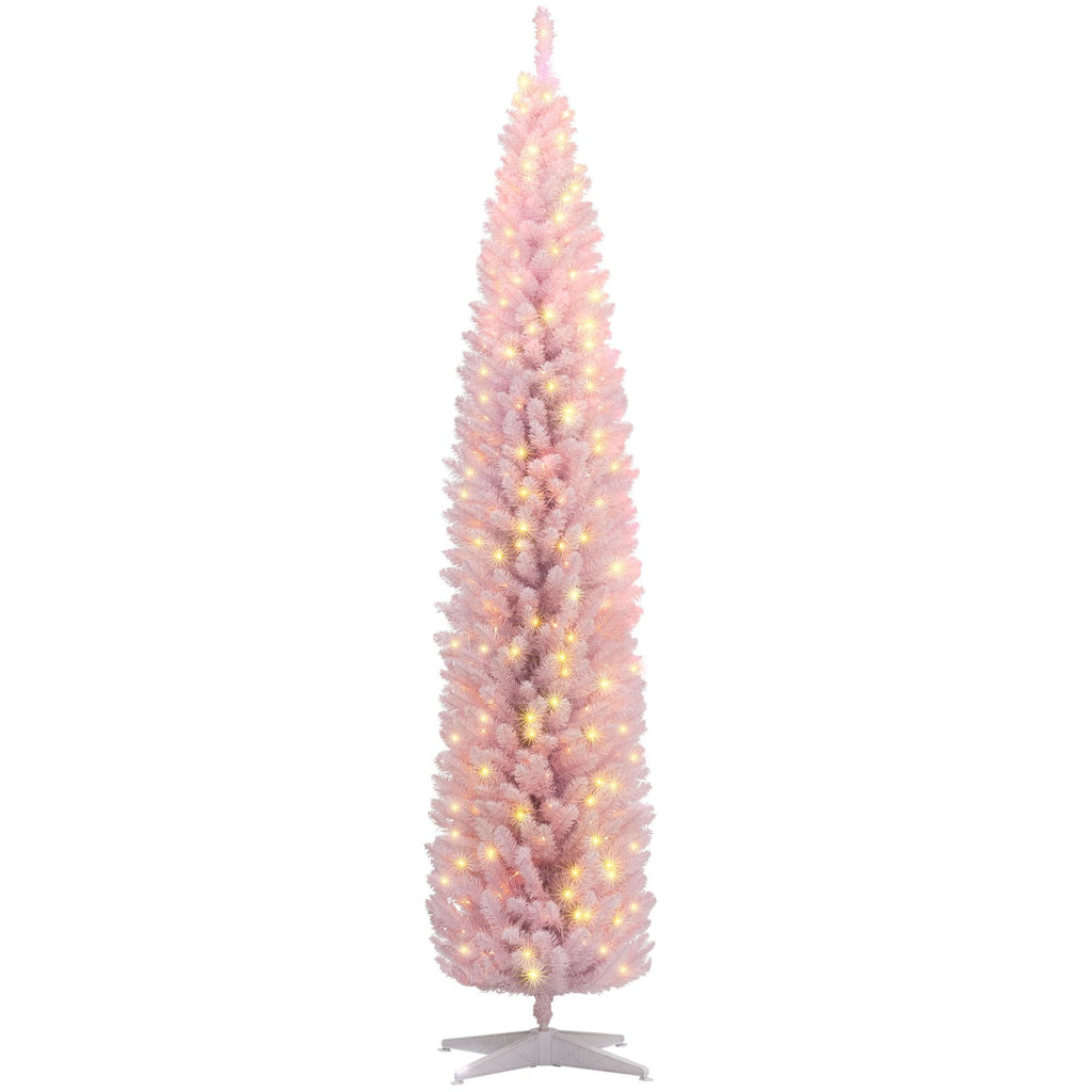 8ft Pre Lit Pencil Christmas Tree, Slim Artificial Christmas Tree w/ Realistic Branches & LED Lights for Holiday, Pink