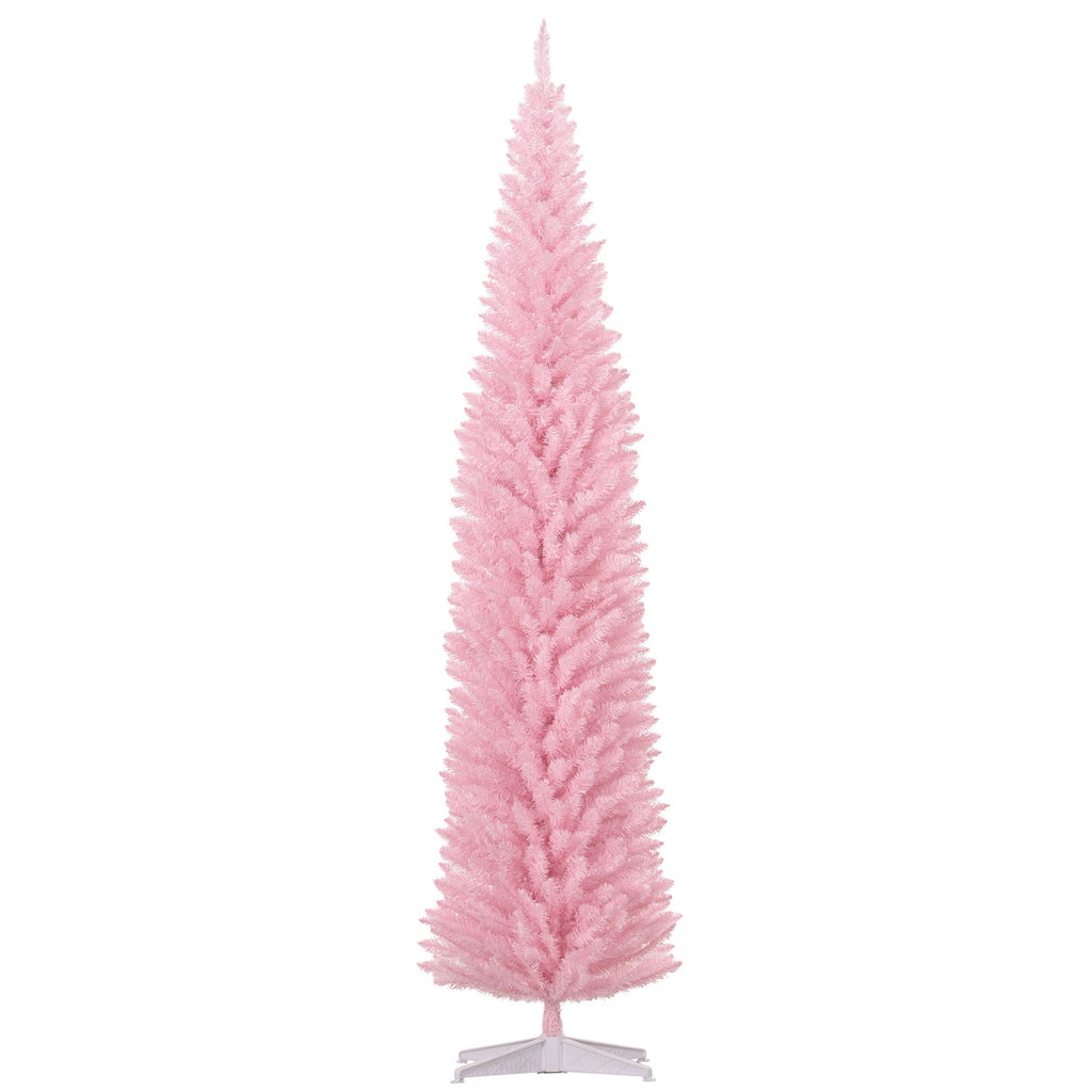 8ft PreLit Pencil Artificial Christmas Tree with Realistic Branches and 618 Tips, Plastic Base, Pink
