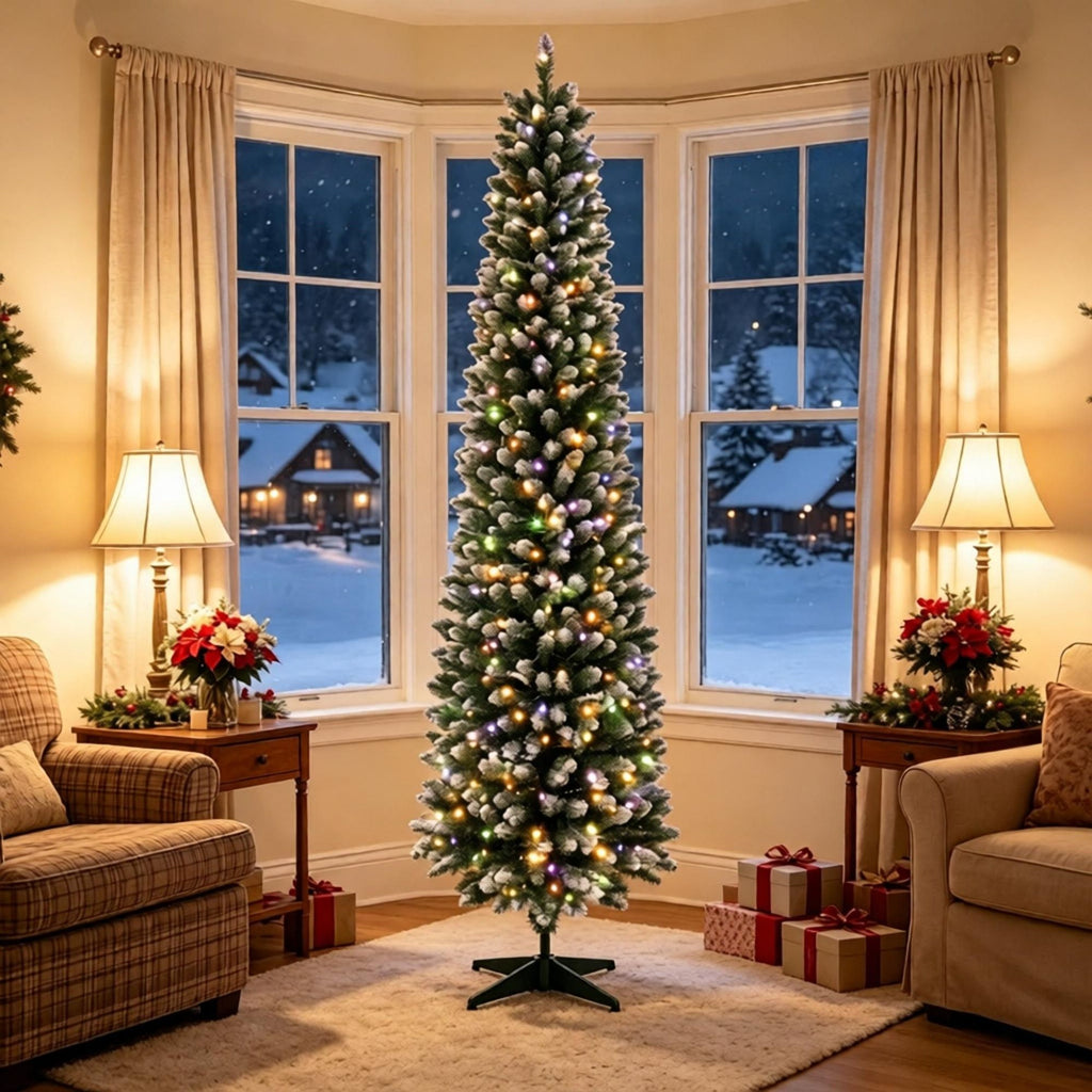 8ft Slim Christmas Tree Flocked Green White Dual Color LEDs Pencil Tree with Remote 11 Modes
