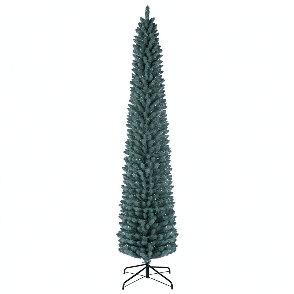 8FT Slim Pencil Artificial Christmas Tree, Frosted Gray-Green & Silver Needles, Flame Retardant PVC, Foldable Crossed Metal Base for Small Spaces Indoor Holiday Decor