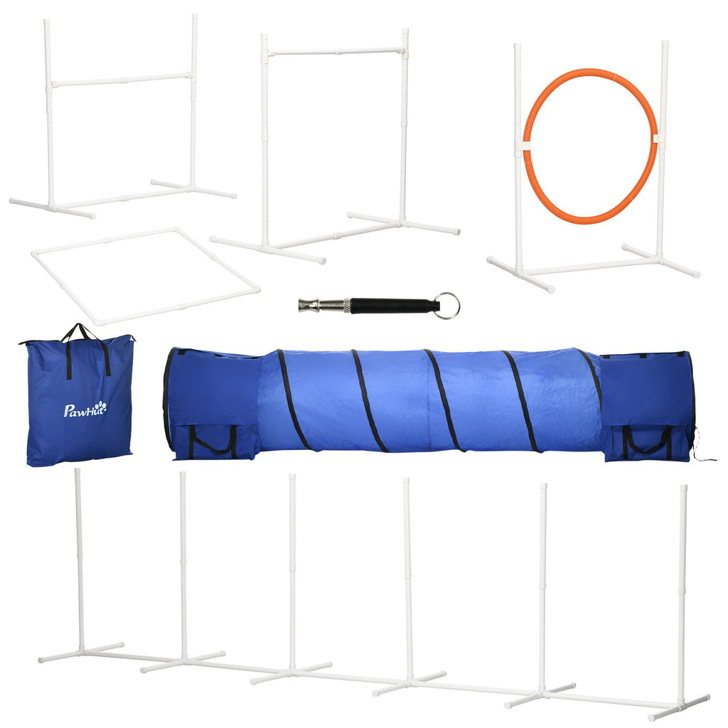 8pcs Dog Agility Training Equipment Obstacle Course with Adjustable Jump Ring Weave Poles Square Pause Box Whistle