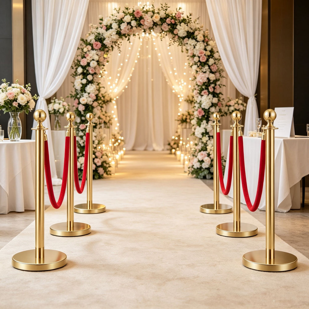 8Pcs Gold Stanchions & Red Velvet Ropes Set, Stainless Steel Posts with Hollow Base, Crowd Control Barrier Poles for Red Carpet Events, Parties & VIP Areas