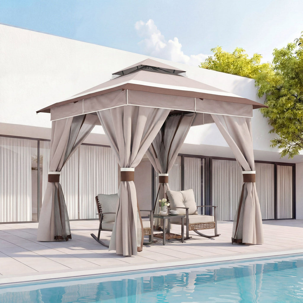 8'x8' Patio Gazebo Outdoor Heavy Duty Party Tent Shelter With Double Roofs, Mosquito Nettings And Privacy Screens For Backyard, Garden, Lawn