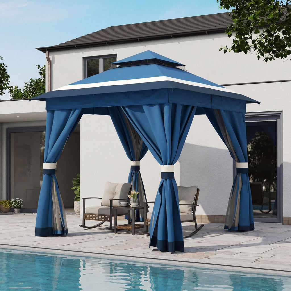 8'x8' Patio Gazebo Outdoor Heavy Duty Party Tent Shelter With Double Roofs, Mosquito Nettings And Privacy Screens For Backyard, Garden, Lawn