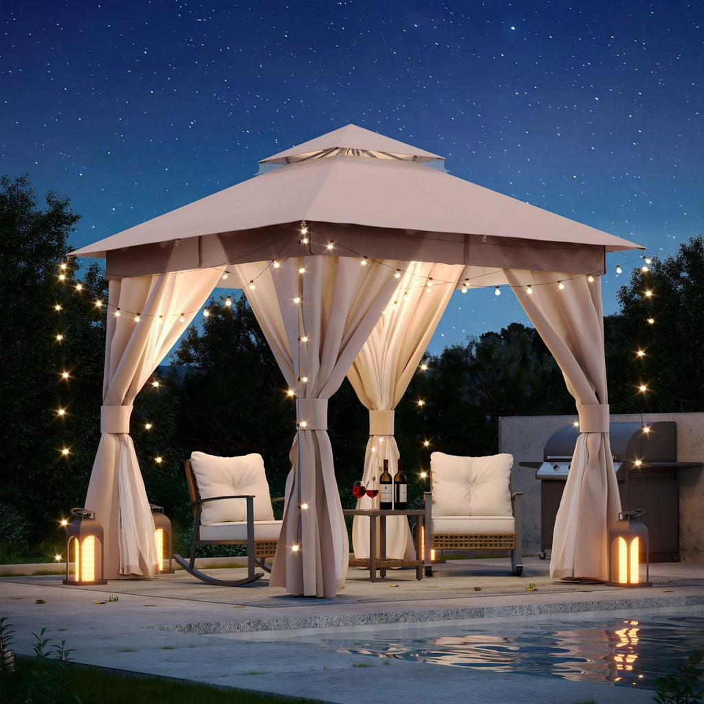 8'x8' Patio Gazebo Outdoor Heavy Duty Party Tent Shelter With Double Roofs, Mosquito Nettings And Privacy Screens For Backyard, Garden, Lawn