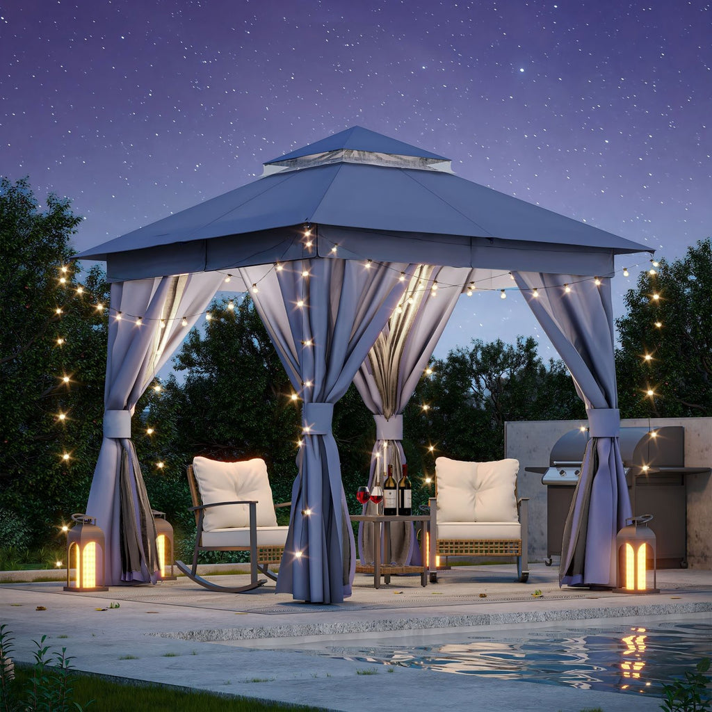 8'x8' Patio Gazebo Outdoor Heavy Duty Party Tent Shelter With Double Roofs, Mosquito Nettings And Privacy Screens For Backyard, Garden, Lawn