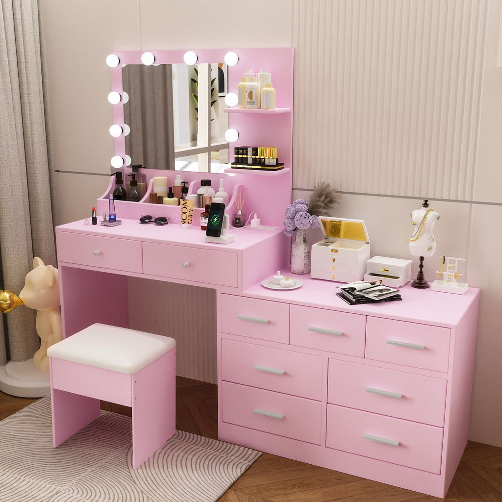 9-Drawer 2-Shelf 3-Desktop Storage Dressing Table Set Dressing table with 3-Color Light Bulbs Combined Cabinets Particleboard with Textured Melamine Finish 31.5*15.75*55.1in Pink