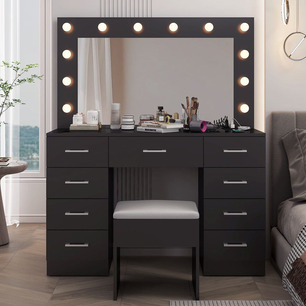9-Drawer Dressing Table Set with 12 Tri-Color LED Lights and Power Strip Glass-Topped Particleboard Dressing Table with Textured Melamine Finish 45.28*15.75*55.12in Black