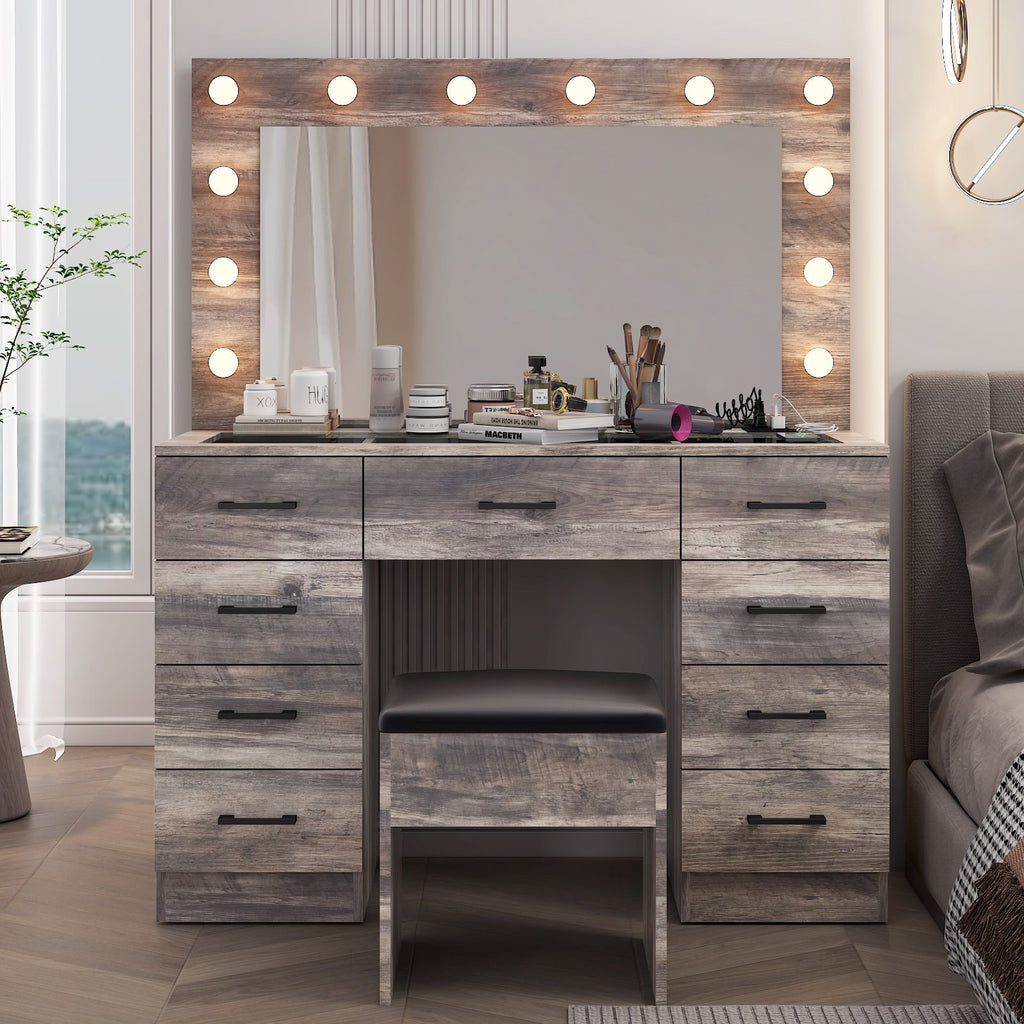 9-Drawer Dressing Table Set with 12 Tri-Color Light Bulbs and Power Strip Glass-Topped Particleboard Dressing Table with Textured Melamine Finish 45.28*15.75*55.12in Grey