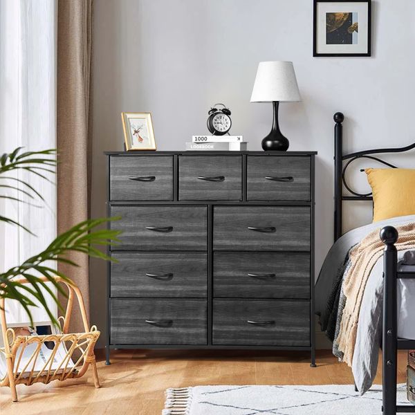 9 drawers, 6 large and 3 small, non-woven storage cabinets, cationic cloth surface + non-woven fabric drawers + particle board + iron frame 100*30*100cm, black wood grain drawer surface