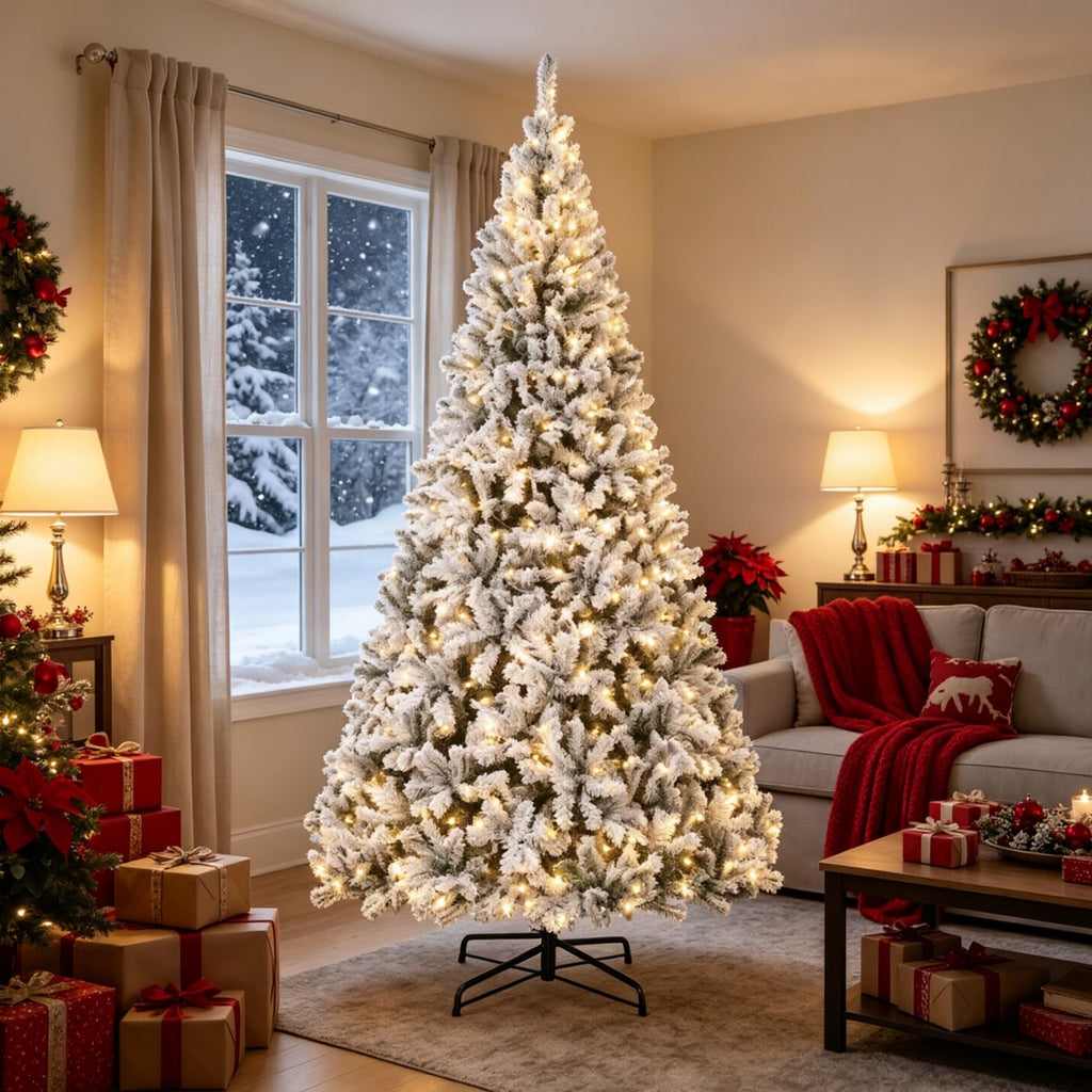 9 Foot Flocked Fir Christmas Tree Pre Lit Hinged Xmas Tree with LEDs Foldable Metal Base