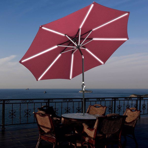9 FT 8 ribs Outdoor Solar Patio Umbrella LED Table Umbrellas with LED Strip Lights & Hub Light, Aluminum Frame(No shipment on weekends)