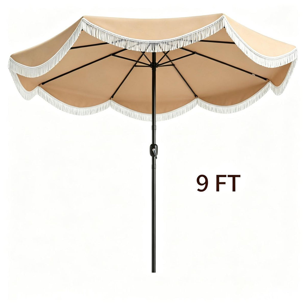 9 ft Boho Patio Umbrella with Tassel Fringe, 30 Tilt Outdoor Market Umbrella with Crank & Vent, Metal Frame Sun Shade for Backyard Pool Garden