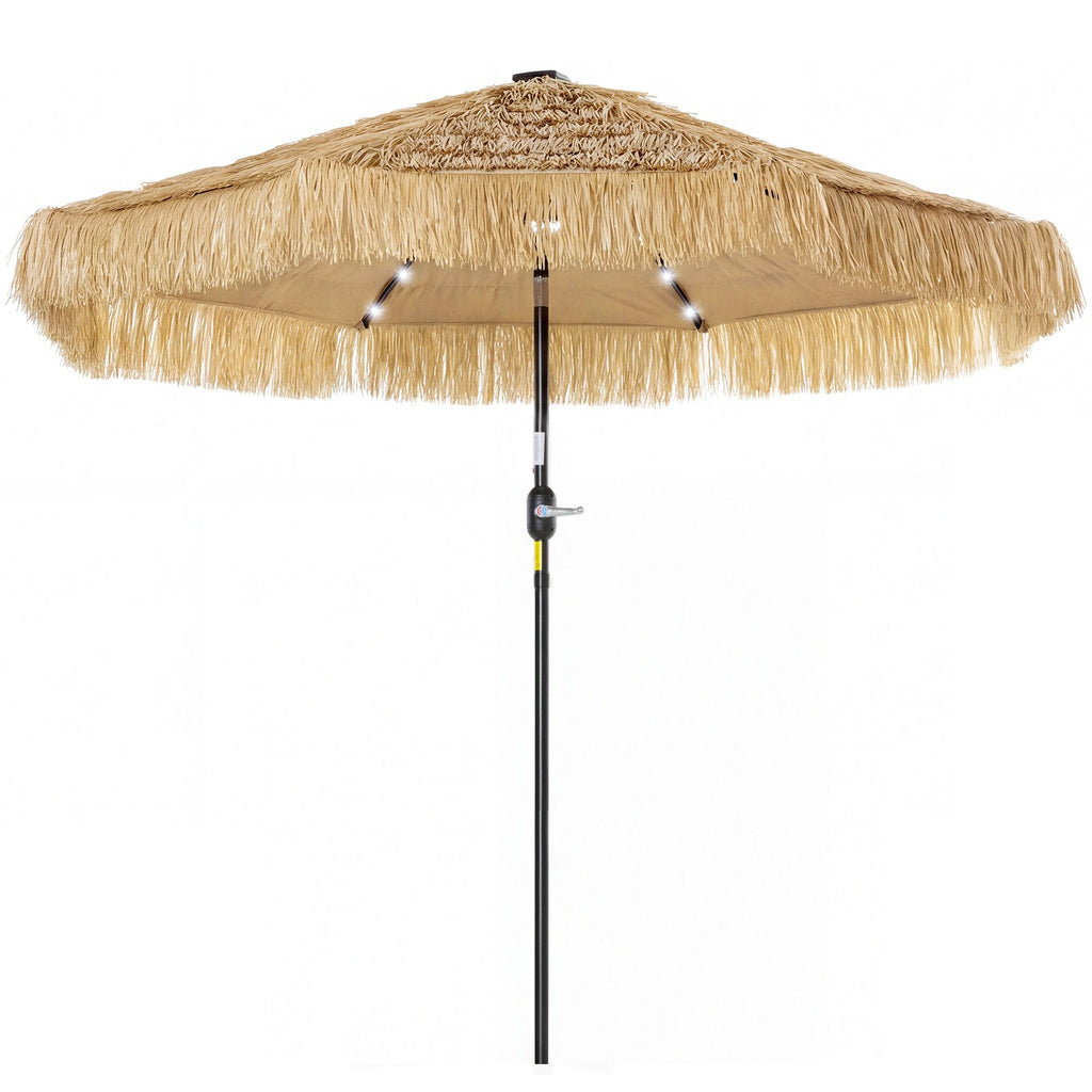 9 ft Hula Thatched Tiki Patio Umbrella with LED Solar Light, Outdoor Umbrella with Crank, Tilt, UPF30+, Khaki