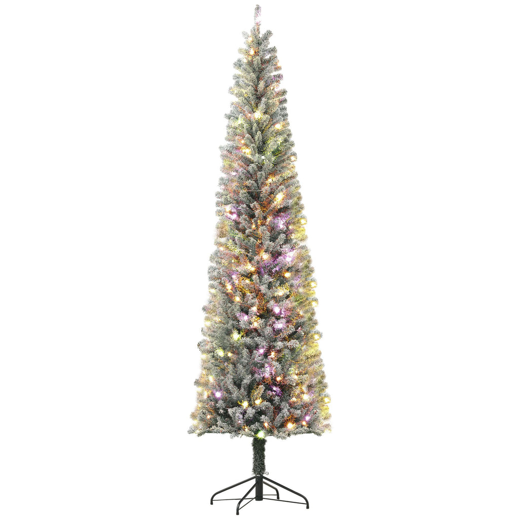 9 ft Pencil Christmas Tree, Pre-Lit Flocked Xmas Tree with Dual Color LED Lights, 895 Tips and Metal Stand, Green