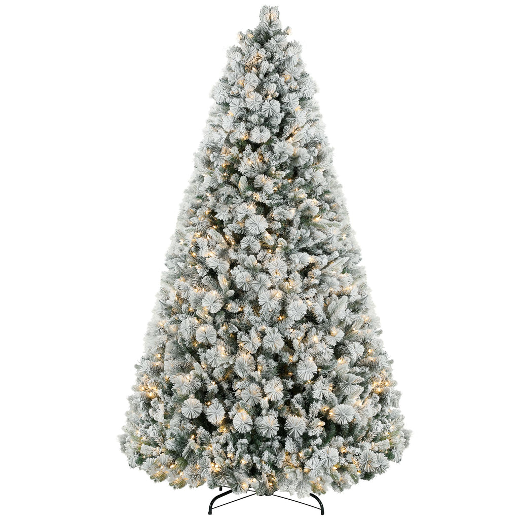 9 ft Prelit Christmas Tree with 750 Clear Lights, Flocked, 2387 Tips, Metal Stand for Home Office Holiday