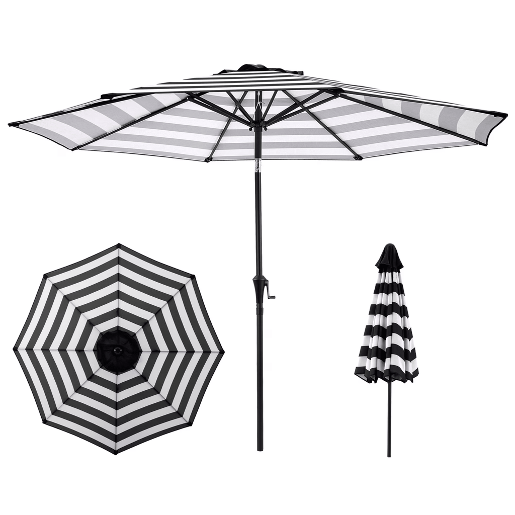 9 Ft Striped Outdoor Patio Umbrella with Tilt, Black and White