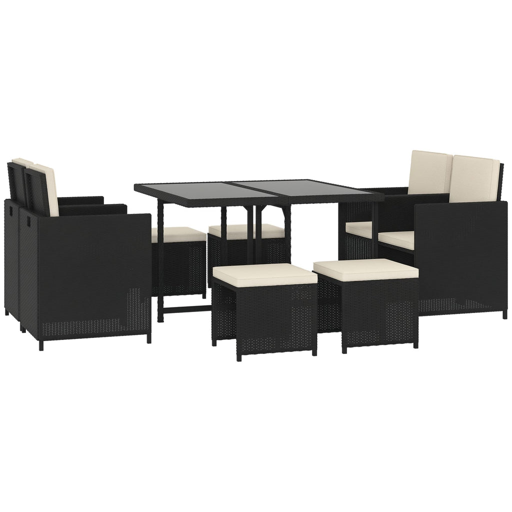 9 Pieces Outdoor Dining Set for 8, Space Saving Wicker Chairs and Square Glass Table with Cushions and Ottomans, Rattan Conversation Patio Furniture Set for Garden, Black/Cream White