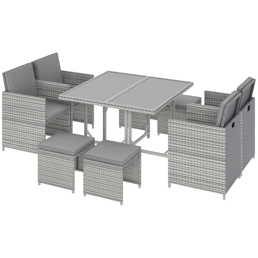 9 Pieces Outdoor Dining Set for 8, Space Saving Wicker Chairs and Square Glass Table with Cushions and Ottomans, Rattan Conversation Patio Furniture Set for Garden, Light Gray/Dark Gray