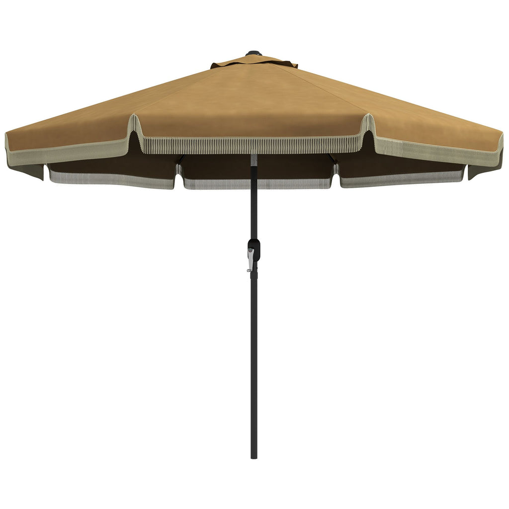9' Tan Patio Umbrella with Push Button Tilt Crank Ruffled Market Table Umbrella Tassles 8 Ribs for Garden Deck Pool