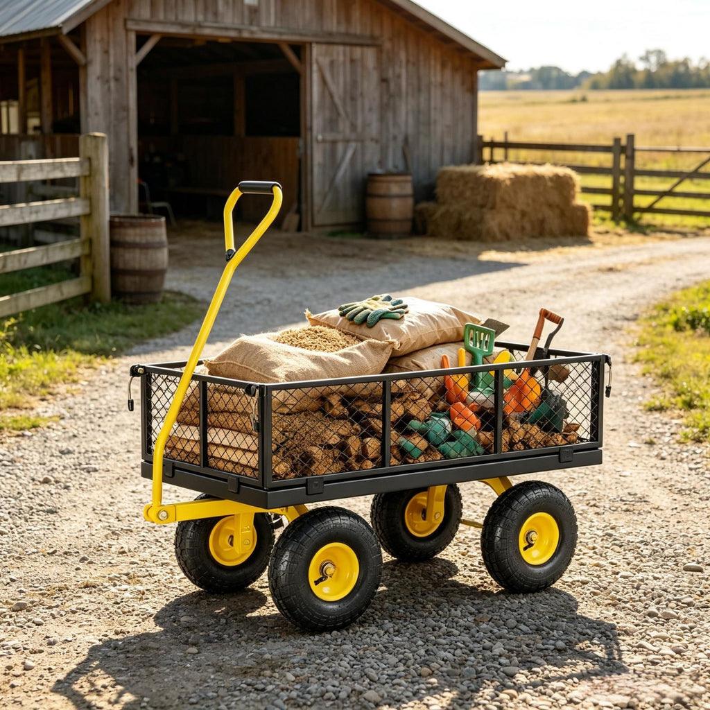 900 Lbs Steel Garden Cart Heavy Duty Yard Wagon with 10 Inch Tires and 180 Degree Rotating Handle