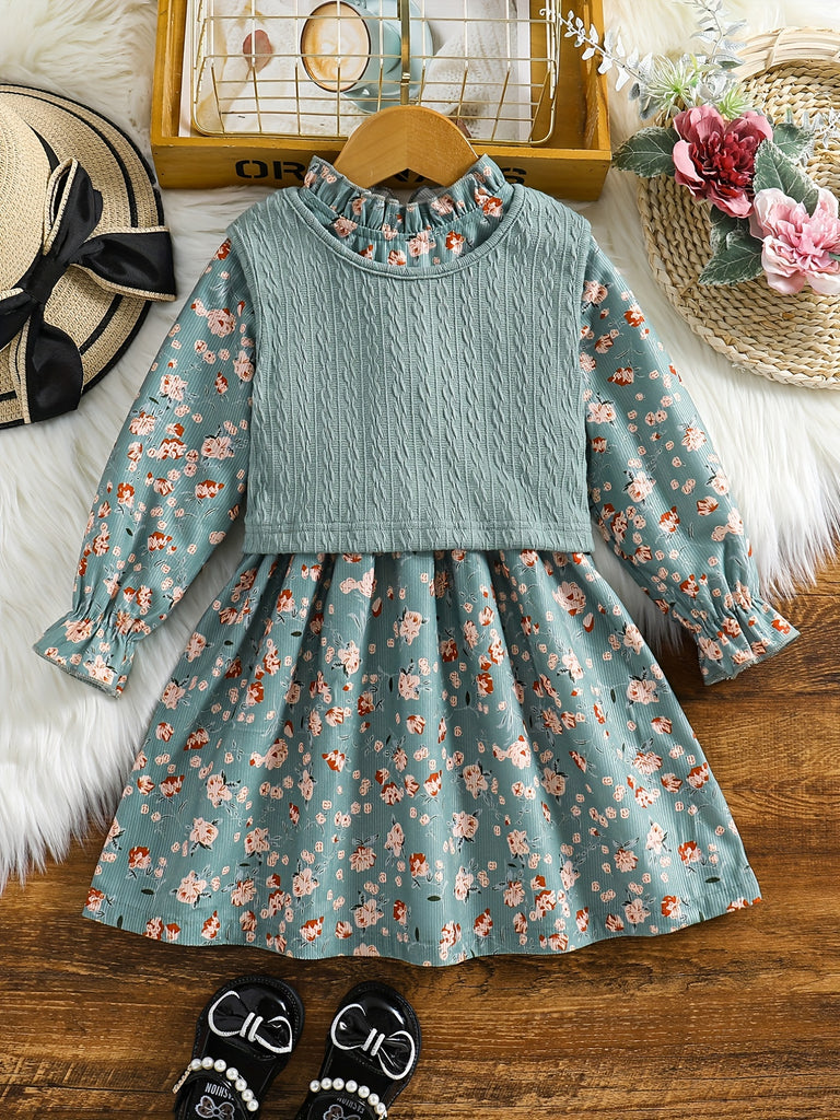 2pcs Girl's Floral Pattern Dress Outfit, Cable Knit Vest & A-line Dress Set, Toddler Kid's Clothes For Spring Autumn