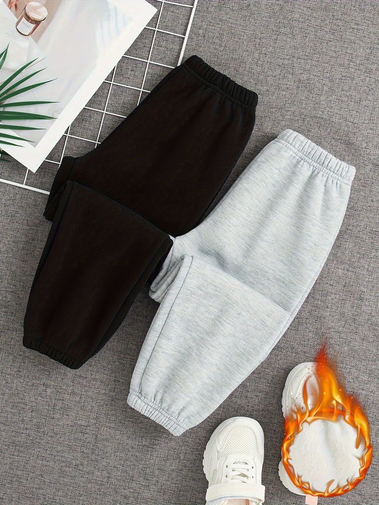 Girls 2pcs/set Warm & Casual Solid Colored Fleece Sweatpants Joggers For Fall & Winter Daily Wear