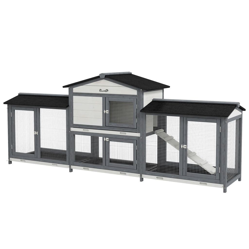90.5" Wooden Rabbit Hutch Bunny Cage Pet Playpen House with Double Side Run Boxes, for Guinea Pig and Small Animals, Light Gray