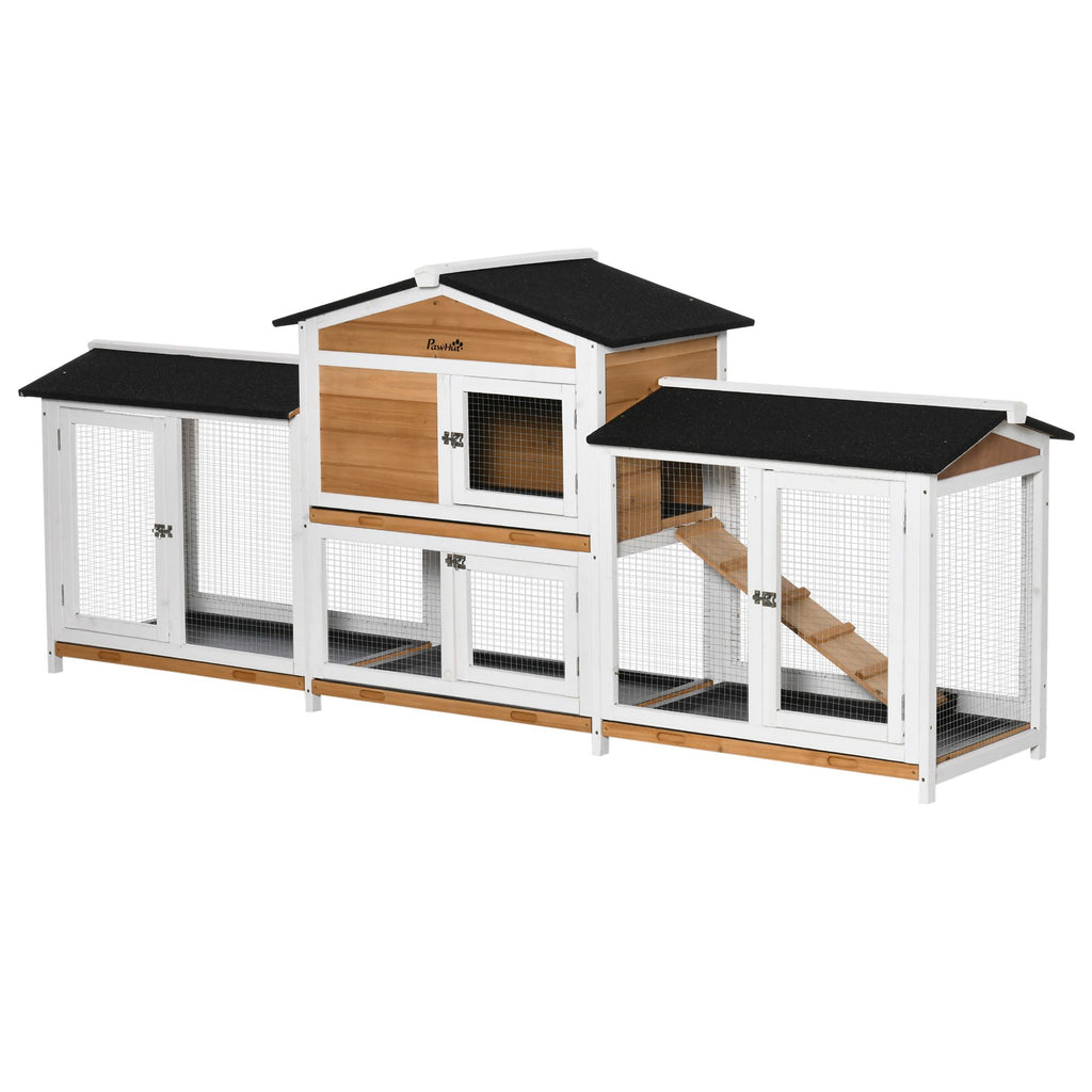 90.5" Wooden Rabbit Hutch Bunny Cage, Small Animals House with Double Side Run Boxes, for Guinea Pig and Small Animals, White