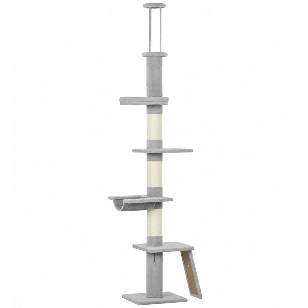 90.6" -102.4" Floor-to-Ceiling Cat Tree Adjustable Height with 3-Rod Support, 5-Level Cat Tower, Light Gray