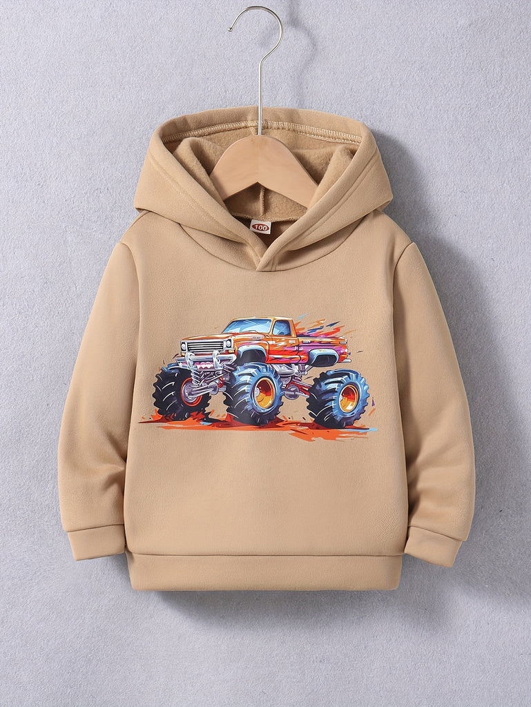 Boy's Cool Truck Print Creative Fleece Hoodie Casual Long Sleeve Comfy Warm Hooded Sweatshirt For Fall Winter